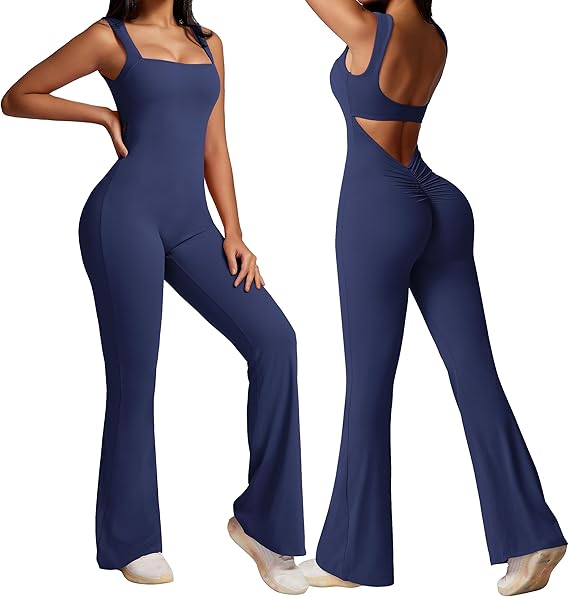 Square Neck Flare Backless Jumpsuits