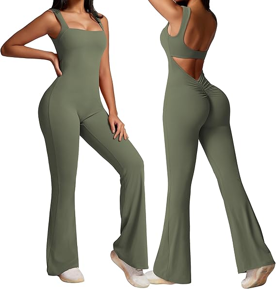 Square Neck Flare Backless Jumpsuits